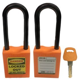 KRM LOTO - OSHA SAFETY LOCK TAG PADLOCK – NYLON – LONG SHACKLE - ORANGE