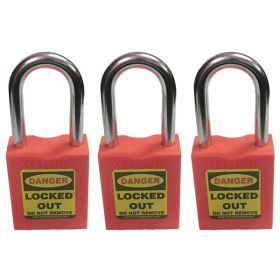 3pcs KRM LOTO - OSHA SAFETY LOCK TAG PADLOCK - METAL SHACKLE WITH ALIKE KEY - RED