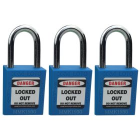 3pcs KRM LOTO - OSHA SAFETY ISOLATION LOCKOUT PADLOCK - METAL SHACKLE WITH DIFFER KEY- BLUE