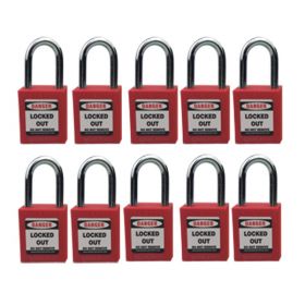 10pcs KRM LOTO - OSHA SAFETY ISOLATION LOCKOUT PADLOCK - METAL SHACKLE WITH DIFFER KEY AND MASTER KEY - RED