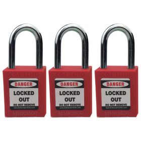 3pcs KRM LOTO - OSHA SAFETY ISOLATION LOCKOUT PADLOCK - METAL SHACKLE WITH DIFFER KEY-RED