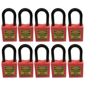 10pcs KRM LOTO - OSHA SAFETY LOCK TAG PADLOCK - NYLON SHACKLE WITH DIFFER KEY AND MASTER KEY  - RED